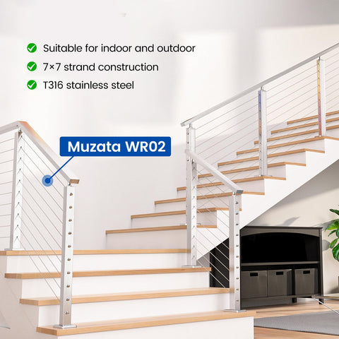 Interior staircase with 600 Ft One Eighth Inch T316 Stainless Steel Cable Railing Kit With 7x7 Wire Rope