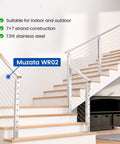 Indoor view of Stainless Steel Cable Railing Kit for Indoor Outdoor Decks Two Hundred Feet One Eighth Inch Wire Rope 7x7 1800 Lb Breaking Strength T316 Hardware Set Coastal Ready Rust Proof And Easy Install installed on stairway.