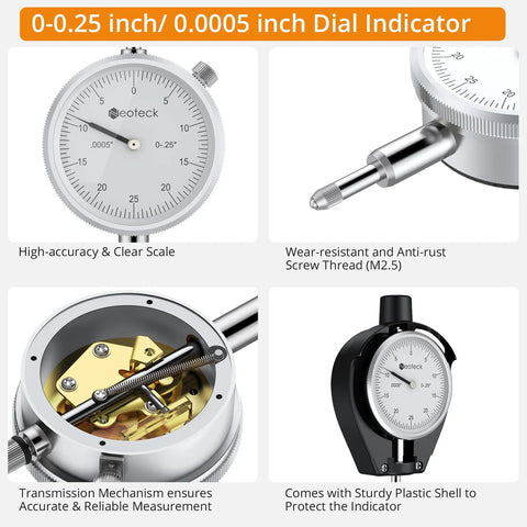 Front view of Neoteck dial bore gauge with chrome handle and 0-0.25 inch dial indicator.