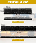 Pinewood Derby Car Weights Kit With 12 Weights In Two Sizes And Graphite Powder Lubricant For Wheels And Axles Four Ounce Total Weight Plus Half Ounce Lubricant Ideal For Faster Smoother Derby Races, showing dimensions and thickness of weights.
