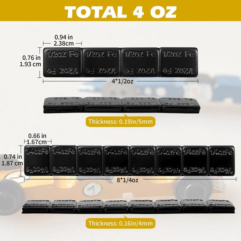 Pinewood Derby Car Weights Kit With 12 Weights In Two Sizes And Graphite Powder Lubricant For Wheels And Axles Four Ounce Total Weight Plus Half Ounce Lubricant Ideal For Faster Smoother Derby Races, showing dimensions and thickness of weights.