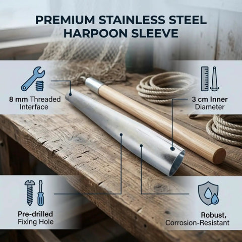 Stainless Steel Spear Tip Connector With 8mm Thread And 3cm Socket For DIY Spear Rig Setup on wooden table with rope