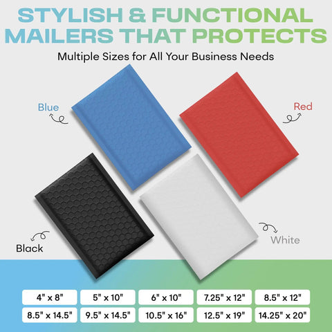 Blue, red, black, and white padded mailers in various sizes, including White 6x10 Inch Poly Bubble Mailers With Easy Seal Padded Envelopes