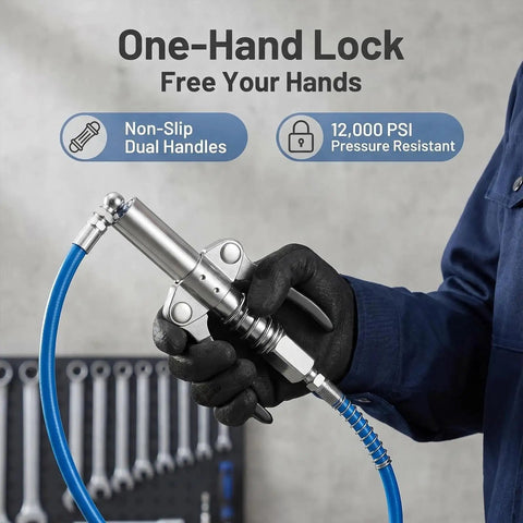 Heavy Duty Grease Gun Coupler Kit With 12 Inch Flexible Hose And Double Handle G Coupler Built Tough 10000 PSI Leak Proof
