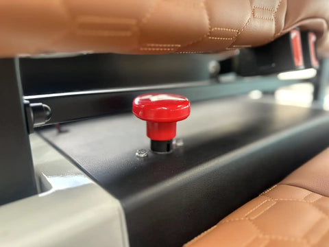 Close-up of the red one-click start button on a White 6 Passenger 4+2 Seater Electric Golf Cart With 48V 150Ah Lithium Battery.