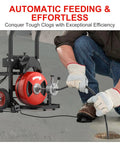 Heavy Duty 75 Ft Electric Drain Cleaner Auto Feed Sewer Snake Auger with steel cable in use to clear a drain blockage.