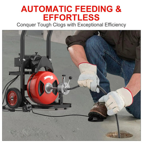 Heavy Duty 75 Ft Electric Drain Cleaner Auto Feed Sewer Snake Auger with steel cable in use to clear a drain blockage.