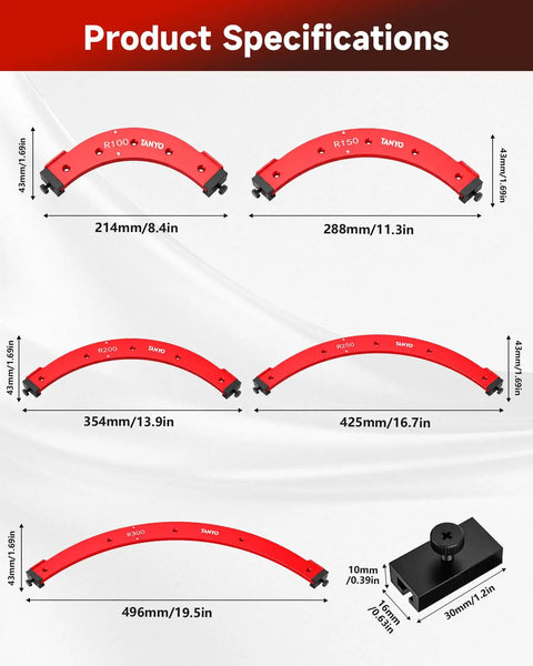 Get Ready To Craft Knockout Pieces With This Nifty Five Piece Router Corner Radius Template Set Featuring Smooth As Silk Curved Edges Perfect For Woodworking Projects And Dead On Cabinet Precision, showcasing five red curved templates with sizes.