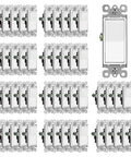 50 Pack Decorator Wall Light Switch Single Pole 15A 120 277 Volt White Durable Polycarbonate Rocker With 10000 Plus Cycle Test And 3 Year Warranty, displayed in a grid pattern.