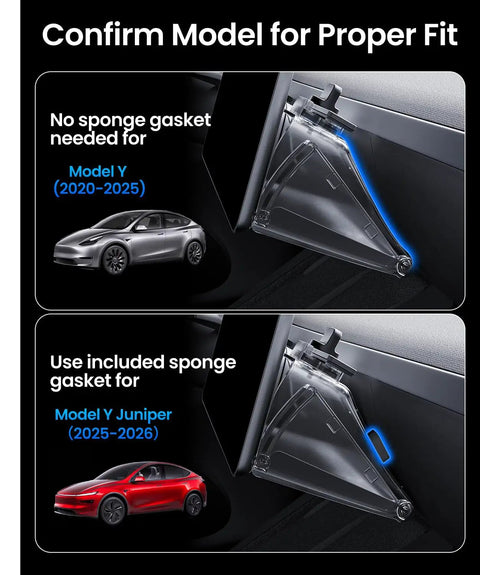 Diagram showing storage box fit for Tesla Model Y 2020-2025 without sponge and Juniper 2025-2026 with sponge gasket.