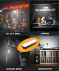 Rechargeable LED Magnetic Work Light Bar With 5500mAh Battery And 6500K Daylight, USB-C Rechargeable, Solar Compatible in various settings including camping, outdoor sport, indoor study, and market stall setup.