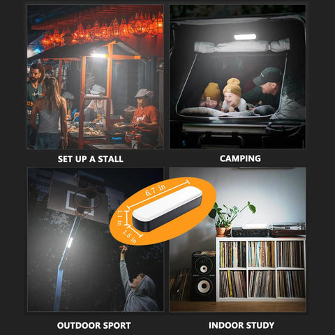 Rechargeable LED Magnetic Work Light Bar With 5500mAh Battery And 6500K Daylight, USB-C Rechargeable, Solar Compatible in various settings including camping, outdoor sport, indoor study, and market stall setup.