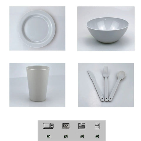24 Piece Dorm Life Mess Kit Tableware Set For Camping And Everyday Use Plates Cups Bowls Silverware In Drawstring Mesh Bag