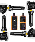 Solid Heavy Duty TPMS Tire Pressure Sensors With No Sweat Relearn Kit For Chevy Silverado Gmc Buick Cadillac 315 Mhz kit components and EL50448 tool shown.