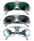 Top Shelf Anti Dust Welding Safety Glasses With Badass Clarity And Shatterproof Construction Includes Three Pairs, featuring green, black, and clear lenses.