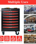 Professional 7 Drawer Rolling Tool Chest with Smooth Gliding Casters and Slick Powder Coated Steel Finish for Garage Crews and Badass Workshop Storage Setup in black and red design.