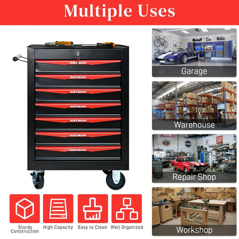 Professional 7 Drawer Rolling Tool Chest with Smooth Gliding Casters and Slick Powder Coated Steel Finish for Garage Crews and Badass Workshop Storage Setup in black and red design.