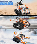 5-In-1 STEM Robotics Kit for Kids 6 Plus With Remote Or App Control Coding Robot on track in desert, snow, and race courses