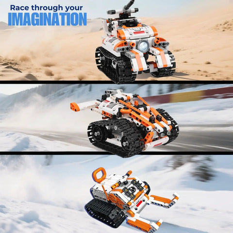 5-In-1 STEM Robotics Kit for Kids 6 Plus With Remote Or App Control Coding Robot on track in desert, snow, and race courses