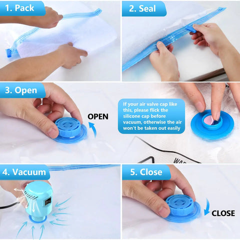 Steps for using Electric Vacuum Pump For Travel Storage Bags Compress Clothes And Bedding Effortless One Button Operation.