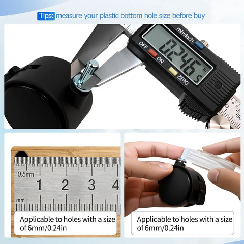 Heavy Duty Swivel Caster Wheels With Locking Brakes And Smooth Rolling Motion Tough As Nails For Office Furniture Carts Shelves And Dollies Easy Install Slick Glide measuring using calipers for accurate hole size.