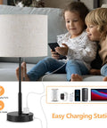 Children sitting by dual USB table lamp set of 2 with built-in 3-prong outlet, modern nightstand lamps for bedroom or living room.