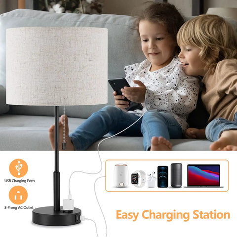 Children sitting by dual USB table lamp set of 2 with built-in 3-prong outlet, modern nightstand lamps for bedroom or living room.