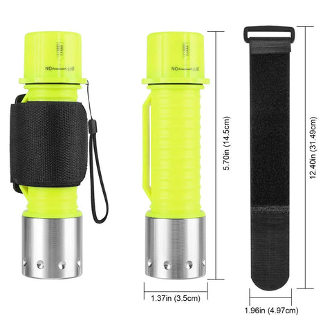 Diving Flashlight With Beast Bright LED Underwater Light, fluorescent body, aluminum head, lanyard and strap, size dimensions displayed