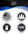 HandyClean thermometer wipes packaging with icons: Made in USA, Lab Tested, Cruelty Free, GMP Certified