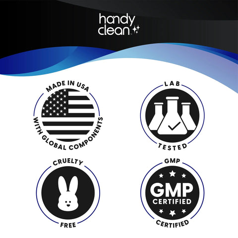 HandyClean thermometer wipes packaging with icons: Made in USA, Lab Tested, Cruelty Free, GMP Certified