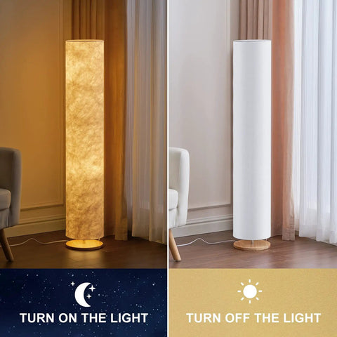 52 Inch Soft Light Floor Lamp With Slim Modern Design Cozy Warm 3000K LED Glow Tyvek Fabric Shade Two Bulbs Included Standing Floor Lamp for Living Room Bedroom Game Room No Fuss Setup Low Heat Energy Efficient shown lit and unlit