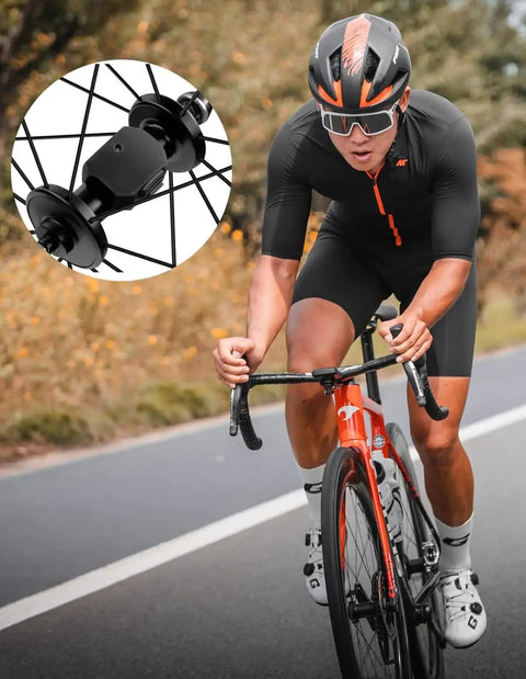 Cyclist on road with Speed And Cadence Sensor Bundle With Bluetooth 5.0 And ANT Plus Wireless Waterproof Design inset