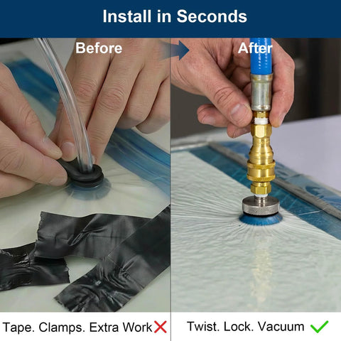 BrenixCraft vacuum bagging connector with twist-lock port; aluminum body, brass fittings, blue hose, installed