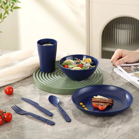 Camping Mess Kit For Two With Plates, Bowls, Cups, Utensils, And Carry Bag And Plastic Camping Essentials, set on table