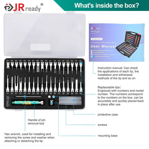 Open Pin Removal Tool Kit for Automotive Electrical Connectors with 1 Pro Grade Removal Tool and 36 Replacement Tips in case