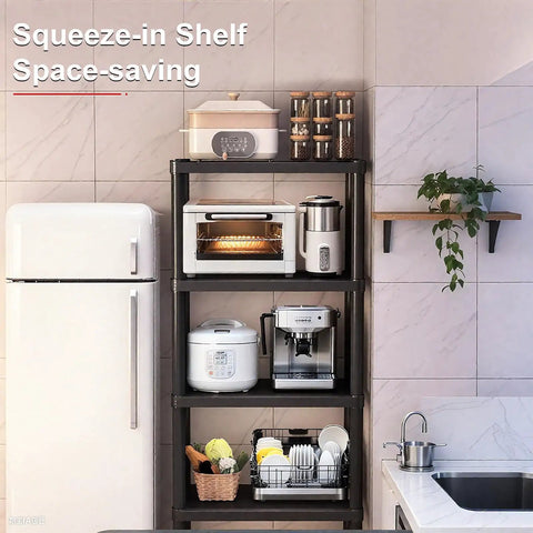 Rock Solid Plastic Storage Shelves 4 Tier Heavy Duty Shelving Unit With 264 LB Capacity holding kitchen appliances and dishes.