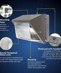 120W Outdoor LED Wall Pack Light With Photocell, IP65, ETL Listed, 17,400 Lumens, showing mounting plate, borate glass lens.