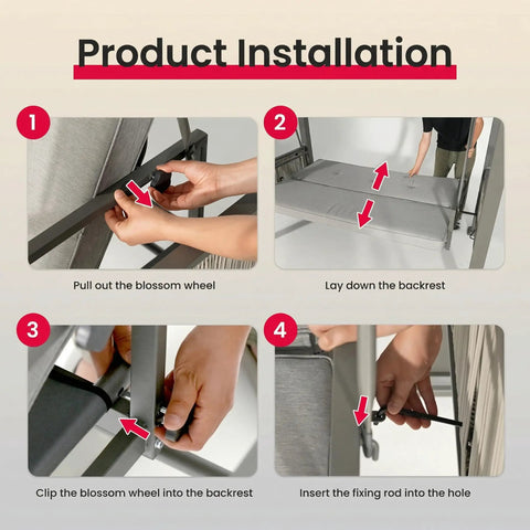 Product installation steps for 2 In 1 Convertible Porch Swing Bed For Three With Wicker Armrests And Adjustable Canopy, detail view.