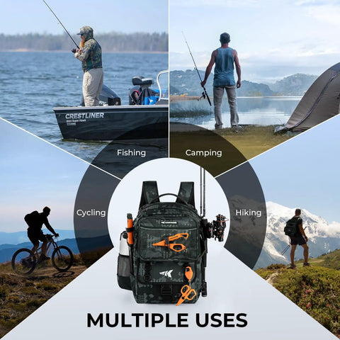 50L Fishing Tackle Backpack With Removable Bait Binder And Four Tackle Boxes Two Rod Holders Interchangeable Storage System