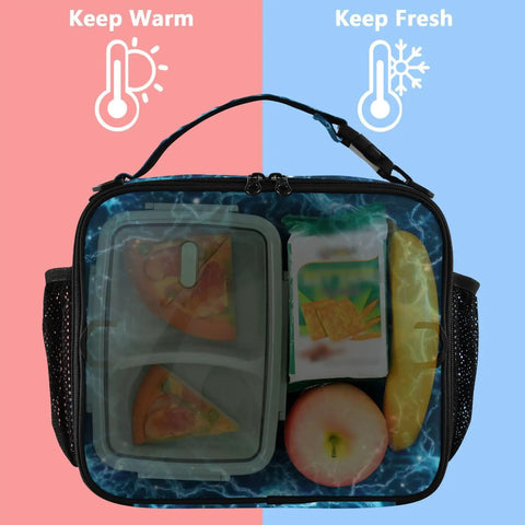 Glowing Blue Lightning Bolts Insulated Lunch Bag For Kids And Adults With Dope Shoulder Straps For Office Travel School Keeps Food Fresh Spacious Main Compartment And Two Side Pockets Durable Polyester Cooler Tote, front view