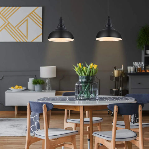 Two Pack Black Pendant Lights For Kitchen Island With Deep Dome Shade And White Interior Industrial Style Chandelier Fixtures