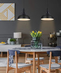 Top Shelf Vintage Industrial Pendant Light Black Metal Farmhouse Ceiling Fixture 11.4 Inch Wide over dining table.