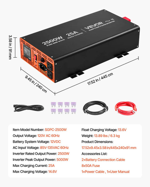 Heavy Duty 2500W Sump Pump Battery Backup Inverter With LCD Display And Pure Sine Wave showing black casing and connections.