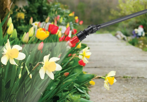 1-Gallon Handheld Farm and Garden Sprayer With Easy Fill Funnel Top And Large Secondary Opening spraying flowers in garden