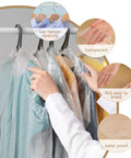 Hands arranging clothes in 20 Pack Clear Garment Bags For Hanging Clothes Plastic Dry Cleaner Bags With Dustproof Covers Transparent Clothes Covers For Travel Home Storage And Dry Cleaning 60x90cm, showing transparent and waterproof features.