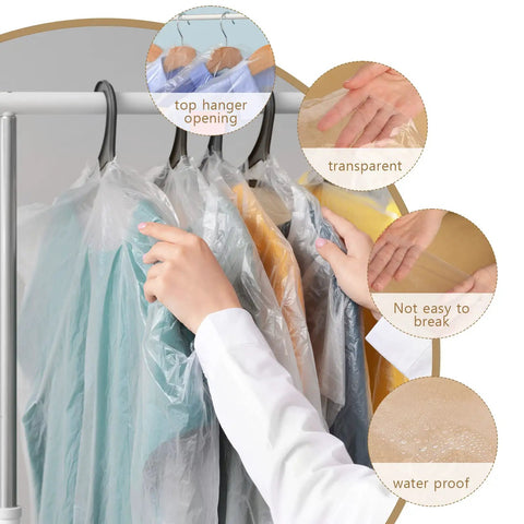 Hands arranging clothes in 20 Pack Clear Garment Bags For Hanging Clothes Plastic Dry Cleaner Bags With Dustproof Covers Transparent Clothes Covers For Travel Home Storage And Dry Cleaning 60x90cm, showing transparent and waterproof features.