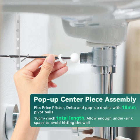 Big Time Bathroom Sink Pop Up Drain Fix Kit Featuring Heavy Duty Chrome Pivot Rod Assembly and center piece with pivot balls.