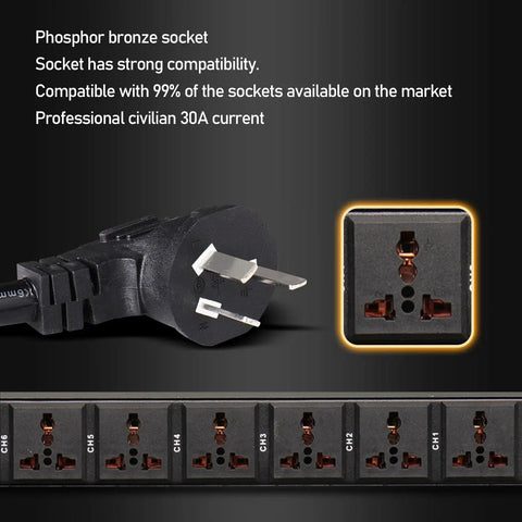 Ten Outlet Power Sequencer Conditioner With Independent Controls And Clear Digital Voltage Display For Touring Stages Amplifiers And Home Listening Rooms Us Plug showing plugs and sockets.