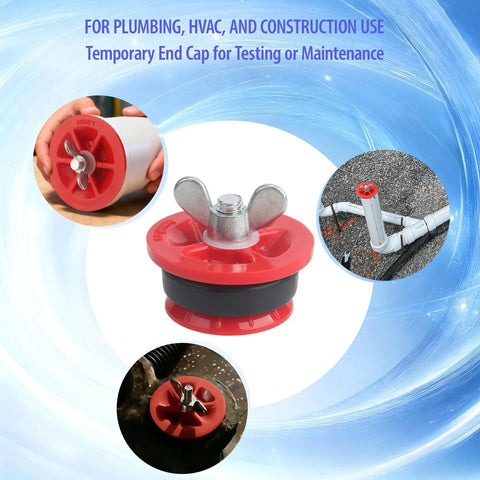 1-1/2 in end-of-pipe gripper plug; red plastic body, rubber seal, metal bolt; 3-piece set for pressure testing