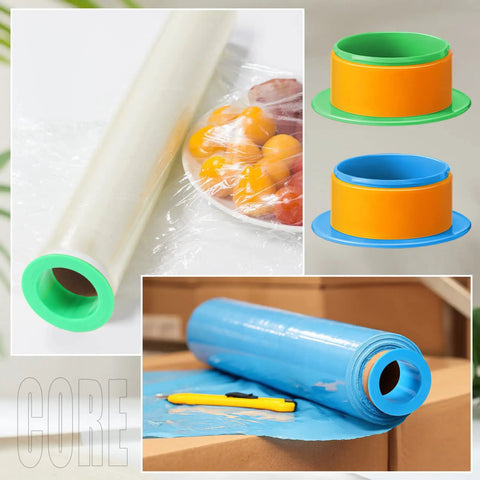 Grab And Go 16 Piece Shrink Wrap Dispenser Set For Moving Pallets Fits 3 Inch Film Core Plastic Pallet Handles In Blue And Green 8 Pairs For Easy Packing Shipping And Storage, shown with wrap rolls